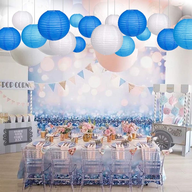 zilue 24pcs Hanging Round Paper Lanterns for Wedding Birthday Party Baby Showers Decoration Blue/White - Image 5